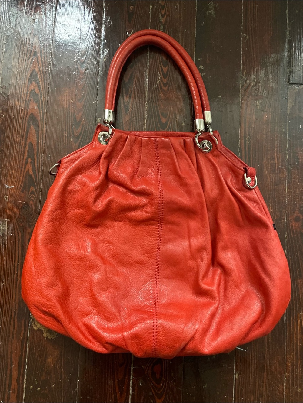 Moda Puma Red Leather Shoulder Tote Bag with Silver Hardware